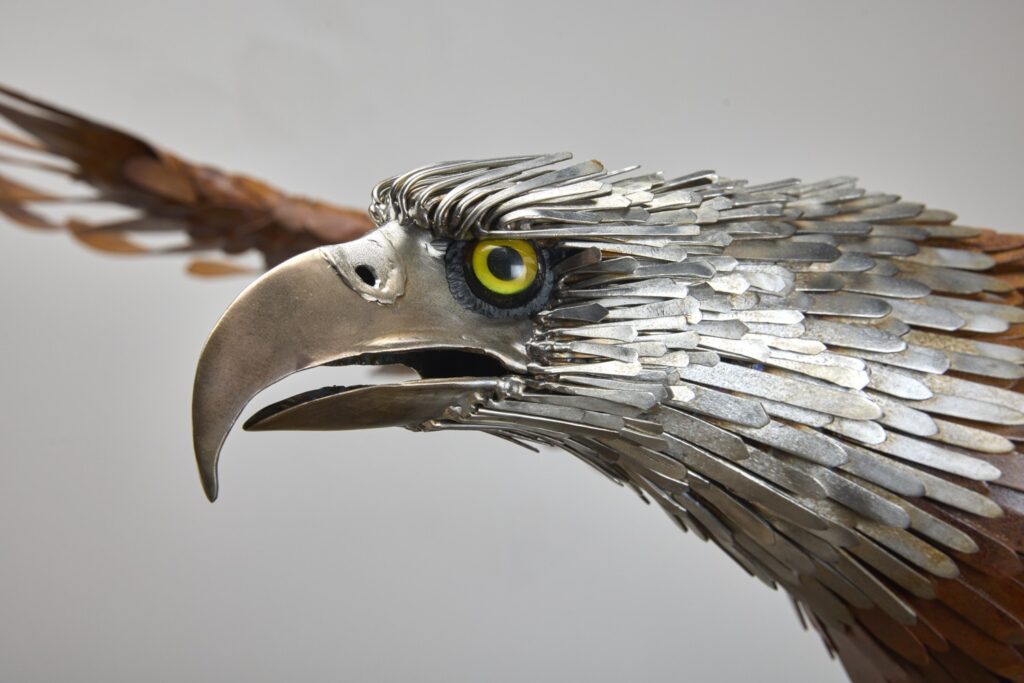 Head of the metal eagle, hammered stainless feathers and hooked beak